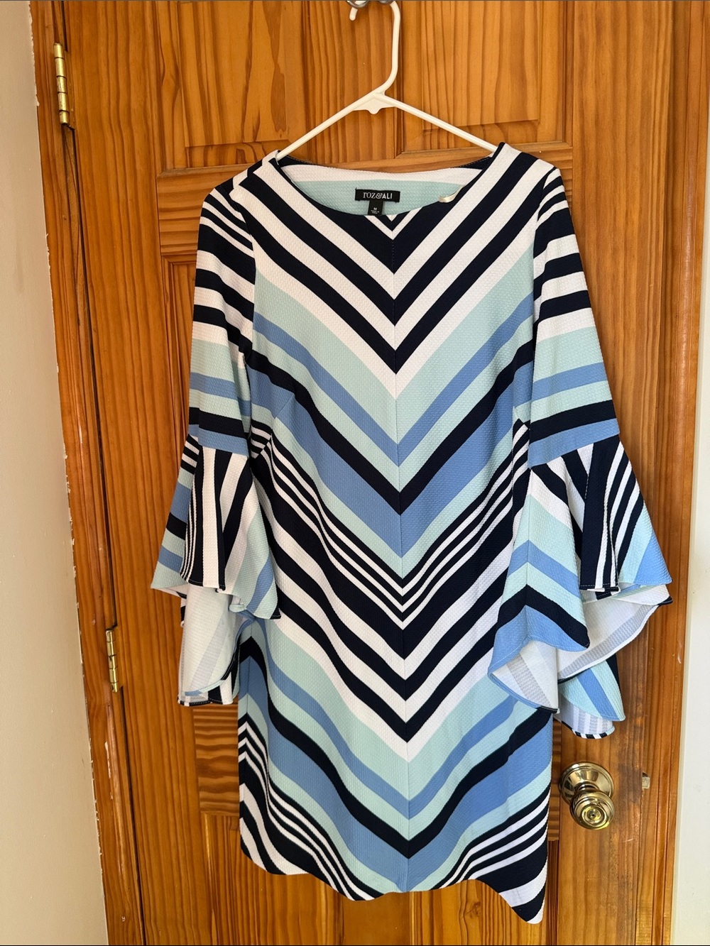 Roz & Ali Navy, Light Blue and White Chevron Bell-Sleeve Dress